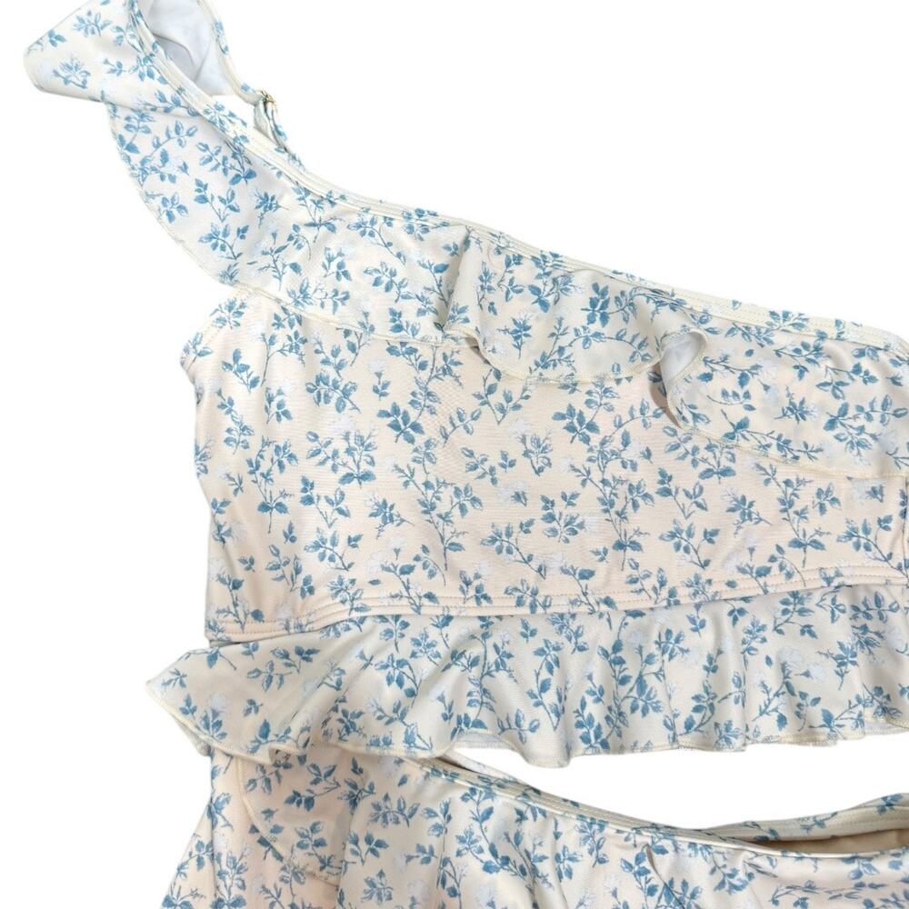 Peony Renaissance Ruffle One Piece Swimsuit AU8 S Blue Cream Floral Print Cutout - Picture 5 of 10